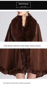 Detailed view of plush faux fur collar and hem on thick dark brown winter knit poncho