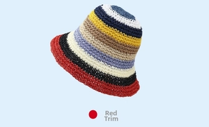 Close-up of colorful striped straw bucket hat with red border and breathable texture