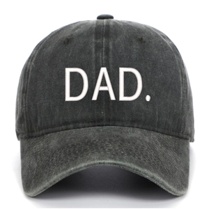 Detailed view of white DAD embroidery on a vintage washed dark grey cotton baseball cap