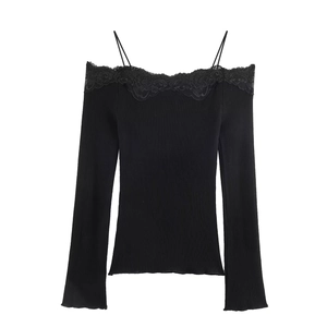 Women's off-shoulder black knit top with lace patchwork and long sleeves in slim fit design