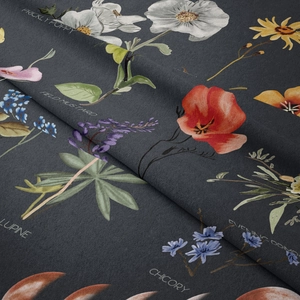 Close-up of vintage floral botanical chart print on soft dark grey velvet tapestry fabric