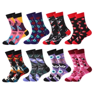 Cotton Blend Crew Socks Trendy Pop Art Lips Eyes Pattern Breathable Casual Mid Calf Hosiery For Men Women