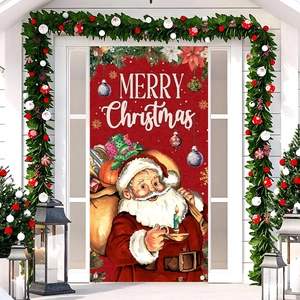 Retro Santa Claus outdoor door banner with Merry Christmas text for holiday decoration