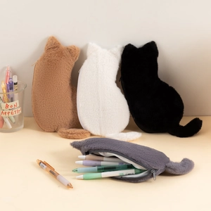Cat-shaped plush pencil pouch set in multiple colors with high capacity and soft fur texture