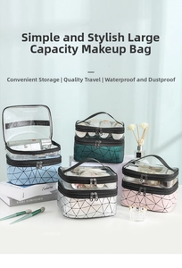 Detail of double-layer makeup bag with 3D geometric pattern and clear PVC top section