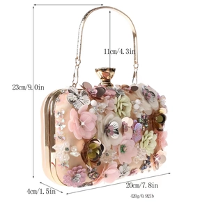 Detailed view of floral evening clutch with dimensions and champagne sequins decor