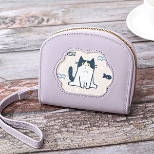 Women Short Wallet PU Leather Zipper Coin Purse With Wristlet Strap Cute Cartoon Cat Pattern Card Holder