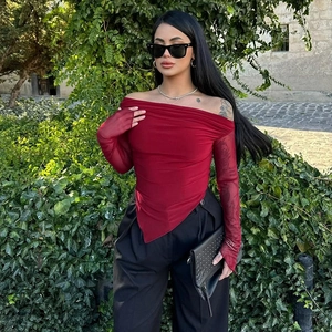 Women Slim Bodysuit Mesh Long Sleeve Single Shoulder Ruched Irregular Hem Sexy Clubwear Top