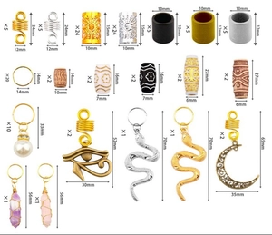 Detailed size chart for 187pcs gold and silver dreadlock hair accessories with pendants