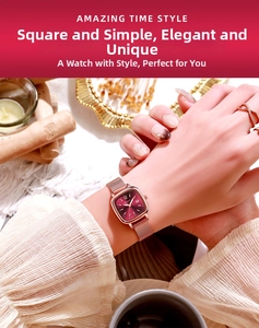Detail of a square ladies' watch with rose gold Milanese strap and gradient purple dial