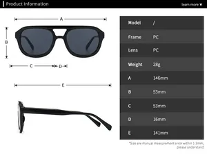 Size chart with dimensions for retro square flat top sunglasses in black PC frame