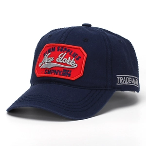 Detailed close-up of vintage New York embroidery and white trademark side stitching