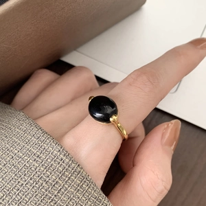 925 Sterling Silver Ring With Oval Black Agate Gemstone Vintage Retro Open Adjustable Finger Jewelry For Women
