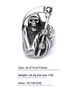 Macro detail of gothic grim reaper ring with intricate scythe and cloak carving details