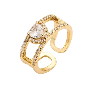 Adjustable golden heart ring with micro-paved cubic zirconia on double-row band