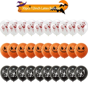 30pcs 12-inch Halloween latex balloon set with pumpkins, skulls, and bloody handprints