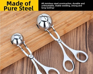 Detail of 304 stainless steel meatball maker with scissor handle and carved steel mark