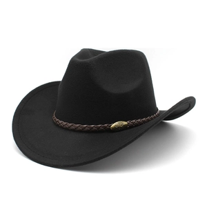 Cappello Da Cowboy Western Vintage Feltro Di Lana Tesa Larga Curva Fascia Intrecciata Fibbia Toro Metallo Retro Unisex