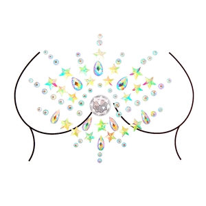 Macro shot of colorful iridescent rhinestone nipple stickers in star and teardrop shapes