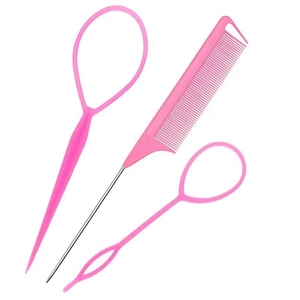 Detailed view of 3-piece pink hair styling tool set with tail comb and hair loop tools