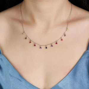 Detailed view of S925 sterling silver necklace featuring vibrant rainbow pear-cut crystals