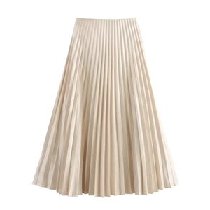 Elegant champagne satin pleated midi skirt with high waist and glossy finish for women