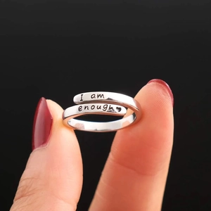 925 Sterling Silver Ring Engraved I Am Enough With Heart Adjustable Wrap Open Band For Women Minimalist Inspirational Jewelry