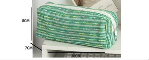 Detailed size view of green knitted pencil case showing dimensions 20x7x8cm