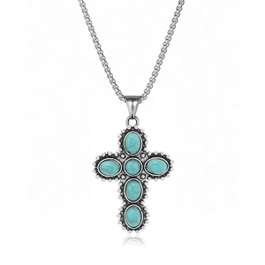 Bohemian vintage stainless steel necklace with cross pendant and green turquoise stones