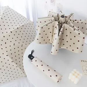 Polka Dot Folding Umbrella UV Protection Sun Rain Portable Automatic Parasol With Black Coating Reinforced Ribs