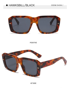Front and side view of tortoiseshell rectangle sunglasses with black lenses and rivet detail