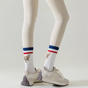 White five-finger yoga socks with Corgi embroidery and sporty red-blue stripes