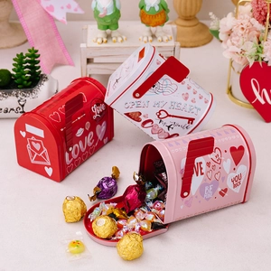 Red, pink and white heart-shaped tin mailbox gift boxes for Valentine's Day treats