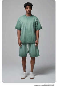 Front view of men's vintage washed green cotton short set with drawstring shorts
