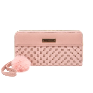 Long pink PU leather wallet for women with zipper closure and decorative fur pompom charm