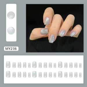 Silver grey cat eye press-on nail set with 24 pieces in various square-round shapes
