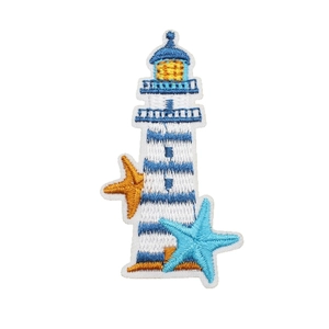 Lighthouse and starfish embroidered patch with blue and white nautical sailing theme