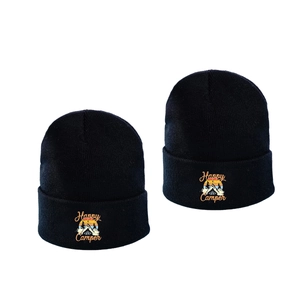 Unisex black Happy Camper knit beanies with outdoor mountain and sunset embroidery