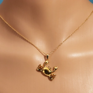 Nahaufnahme einer goldfarbenen Krabben-Halskette an einem Modell für einen kühnen Look