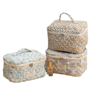 Quilted floral makeup bag set with top handles and dual zipper closure for travel