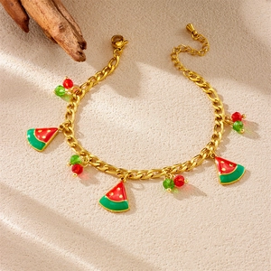 Bracelet en acier inoxydable doré avec pendentifs pastèque rouge et perles colorées