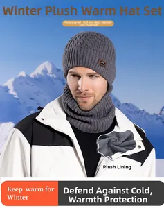 Close-up of gray knitted beanie and neck warmer set with warm plush fleece lining