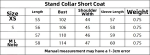 Detailed size chart for the stand collar short coat showing dimensions from XS to L