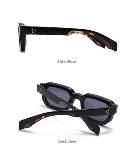 Detailed view showing retro sunglasses with star rivets and tortoiseshell inner frame