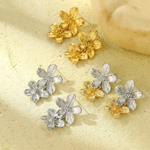 Vintage Flower Earrings Stainless Steel 18K Gold Plated Brushed Texture French Luxury Style Jewelry For Women