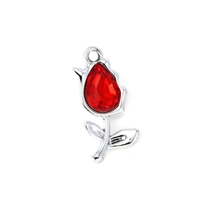 Red tulip flower charm pendant with faceted gemstone and silver metal alloy for jewelry DIY