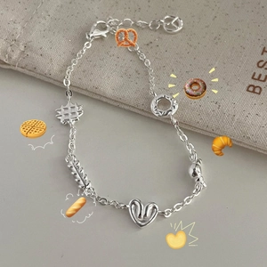 925 Sterling Silver Bracelet For Women Korean Style Donut Pretzel Croissant Waffle Food Theme Pendants Sweet Niche Jewelry