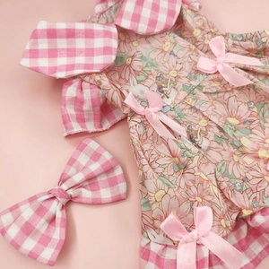 Pink floral pet dress with plaid bow accessories for dogs and cats, lolita style fashion