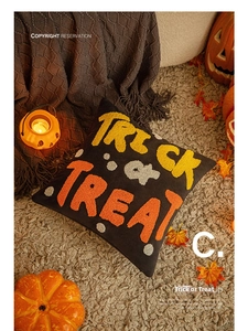 Detail of Halloween throw pillow cover featuring tufted Trick or Treat embroidery texture