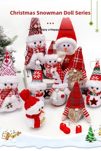Detailed view of festive Christmas gnomes and snowman plush dolls for holiday decoration